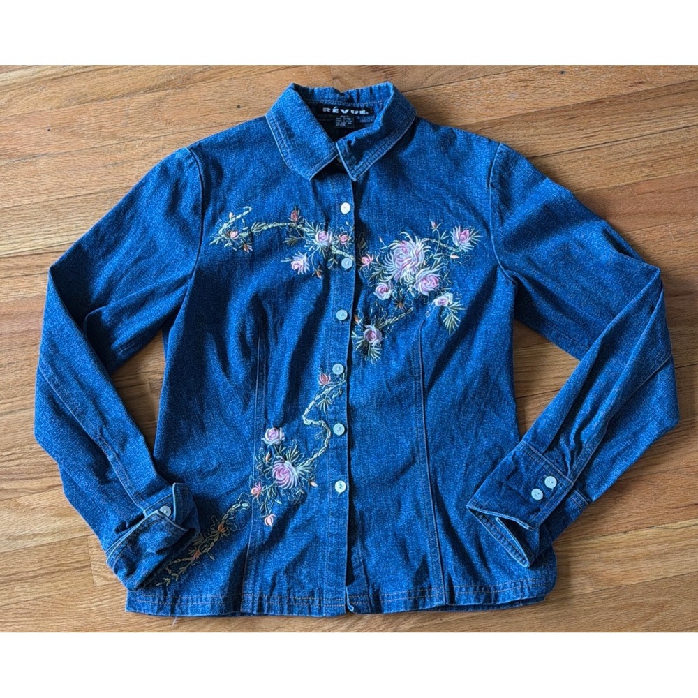 Revue Vintage Floral Embroidered Denim Button Down Shirt Medium Wash Cotton 14